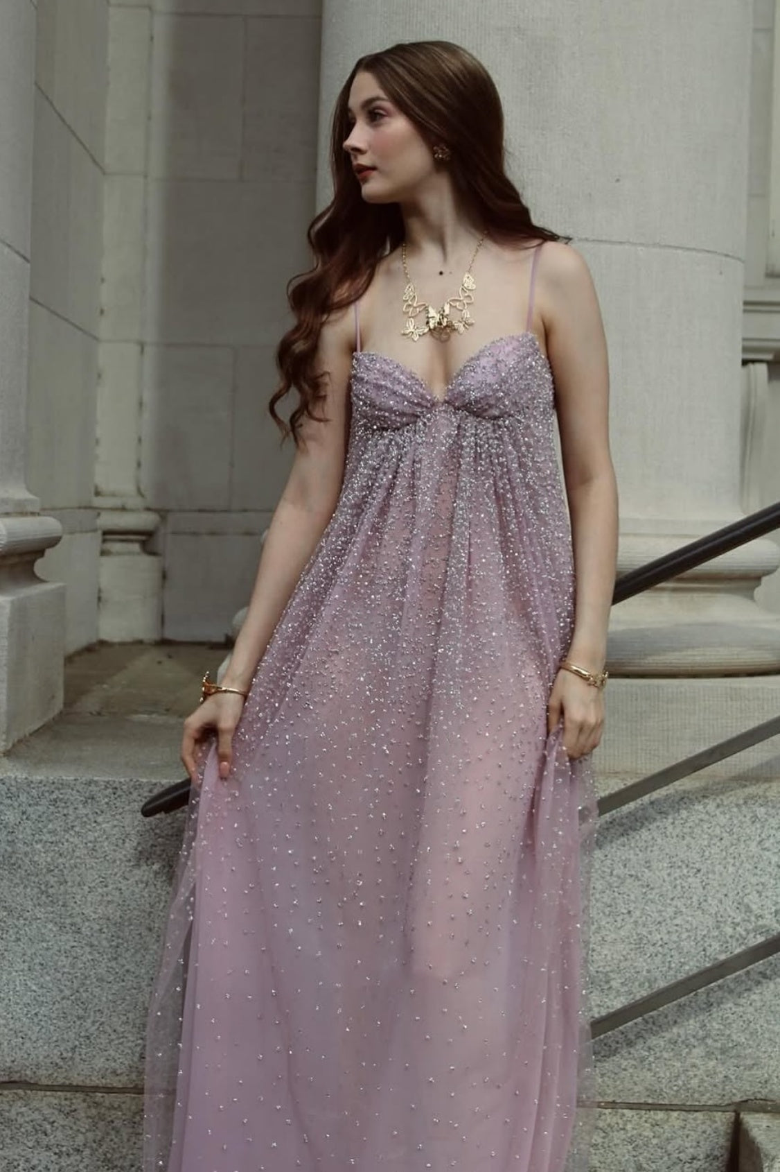 Shine A Line Spaghetti Straps Grey Blue Long Prom Dress