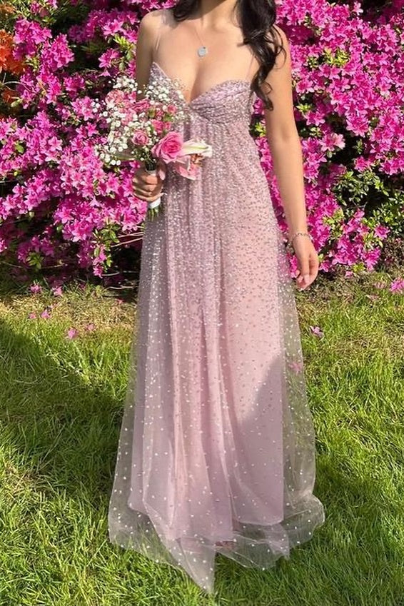 Shine A Line Spaghetti Straps Grey Blue Long Prom Dress