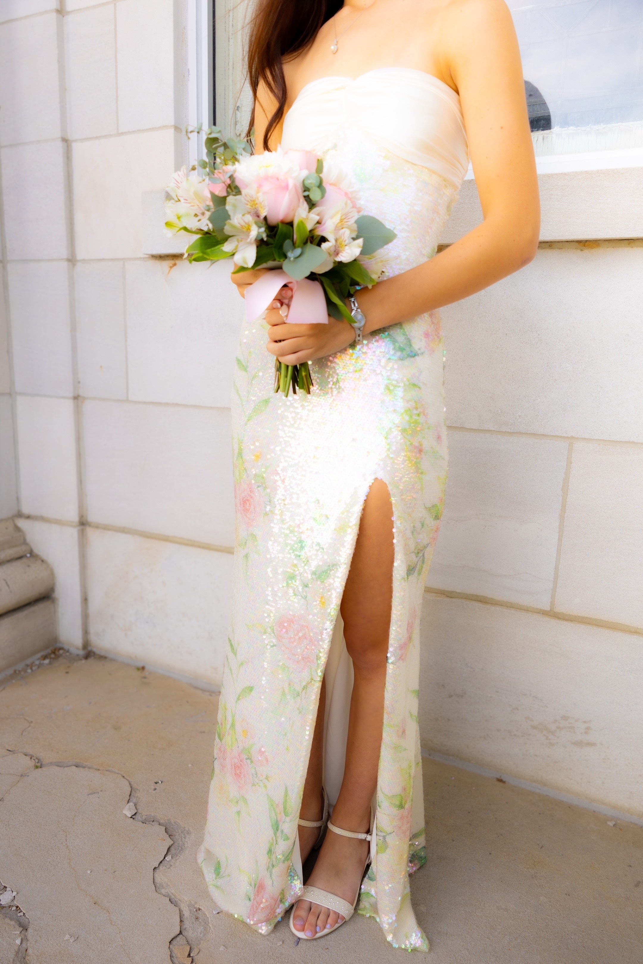 Bling Sheath Sweetheart Floral Printed Sequins Long Prom Dress