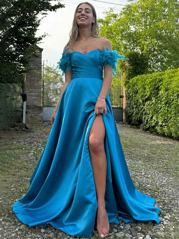 Blue A-Line Off-the-Shoulder Sweetheart Satin Long Prom Dress with Feather - FashionDia