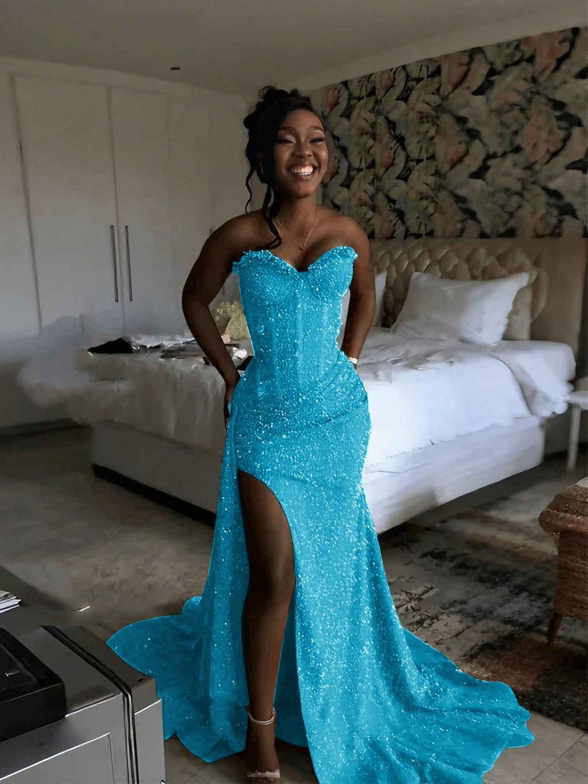 Glitter Strapless Mermaid Sequined Long Prom Dress with Slit (ZD17399)