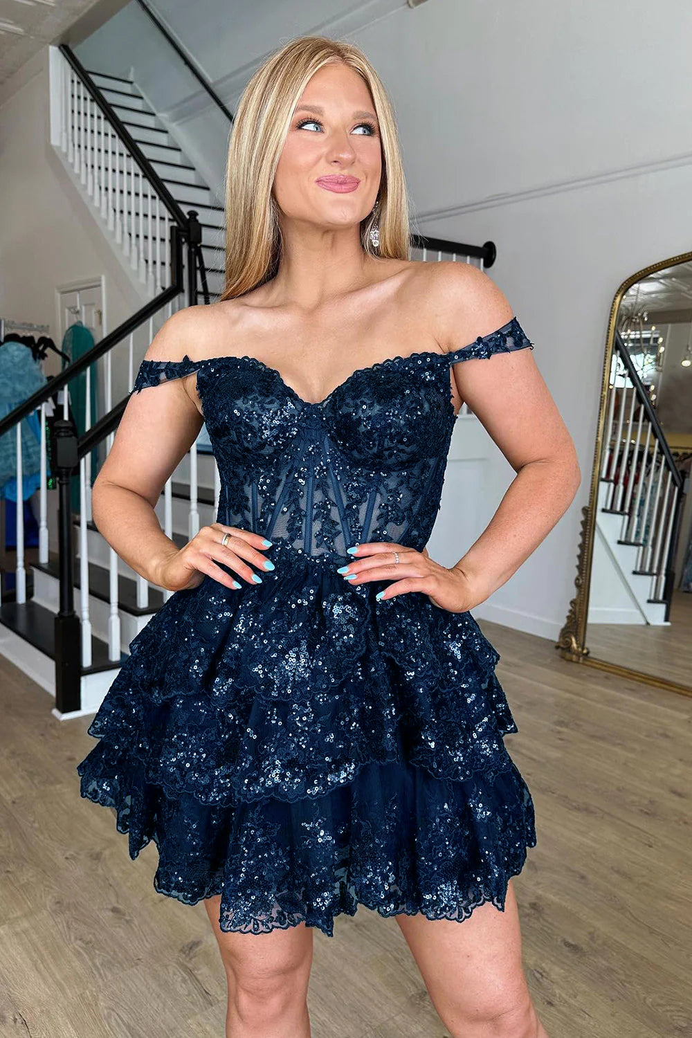 Blue Homecoming Dresses Corset Tiered Lace A-Line Prom Dress