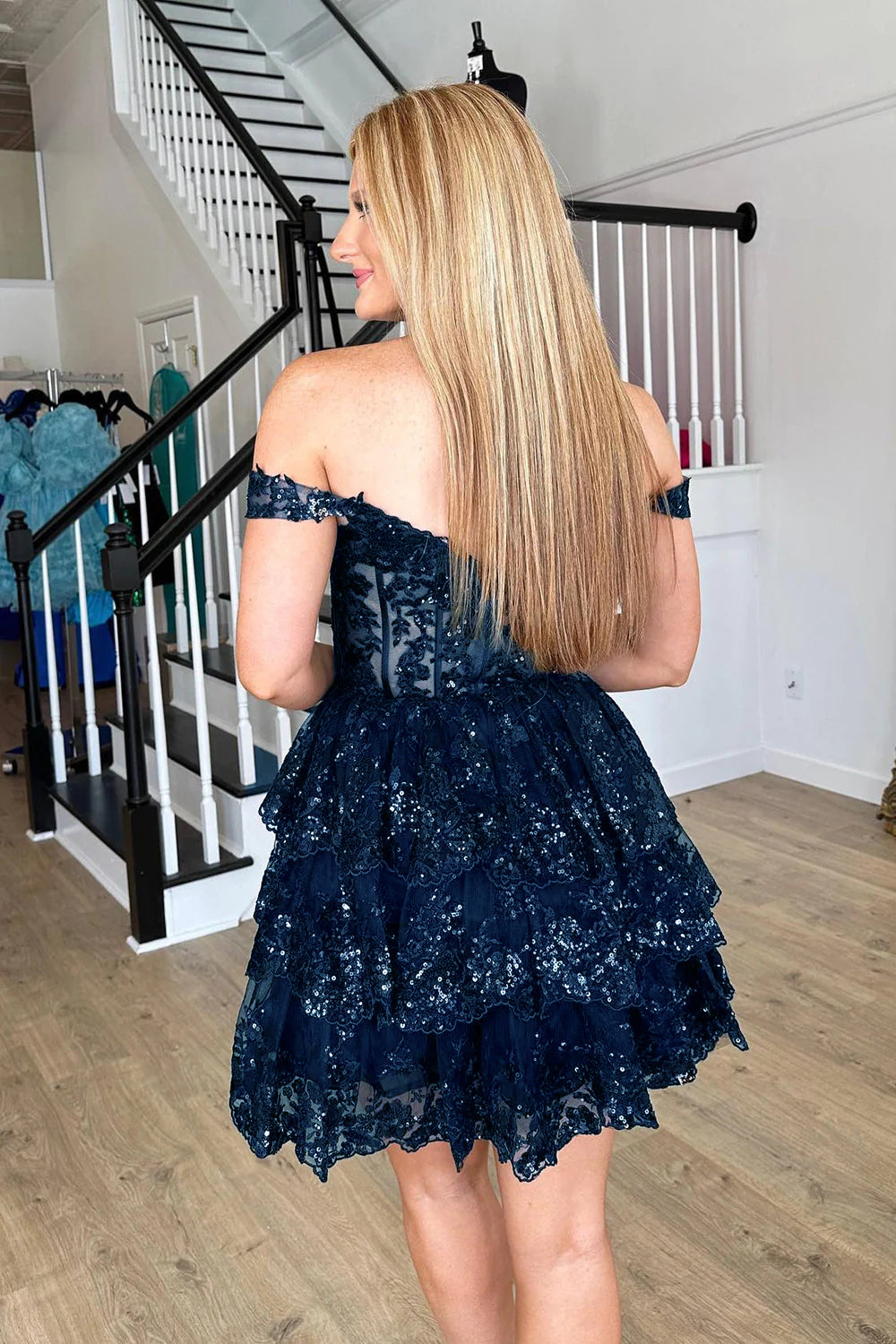 Blue Homecoming Dresses Corset Tiered Lace A-Line Prom Dress