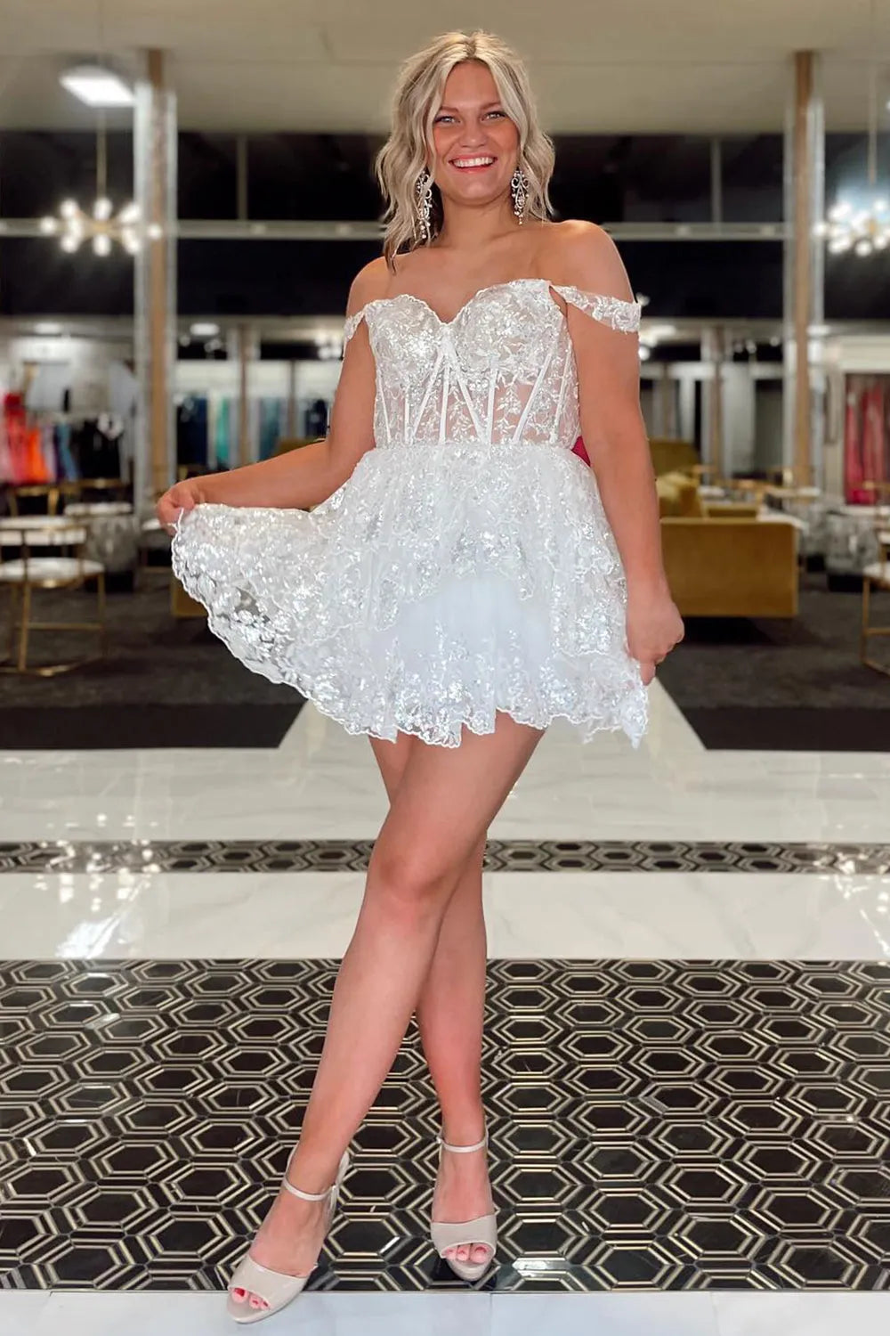 Blue Homecoming Dresses Corset Tiered Lace A-Line Prom Dress