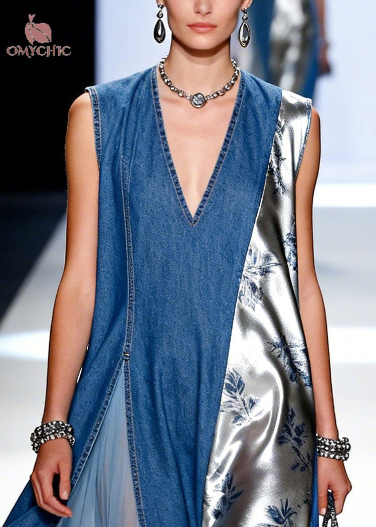 Blue Patchwork Denim Holiday Dress Asymmetrical Design Sleeveless