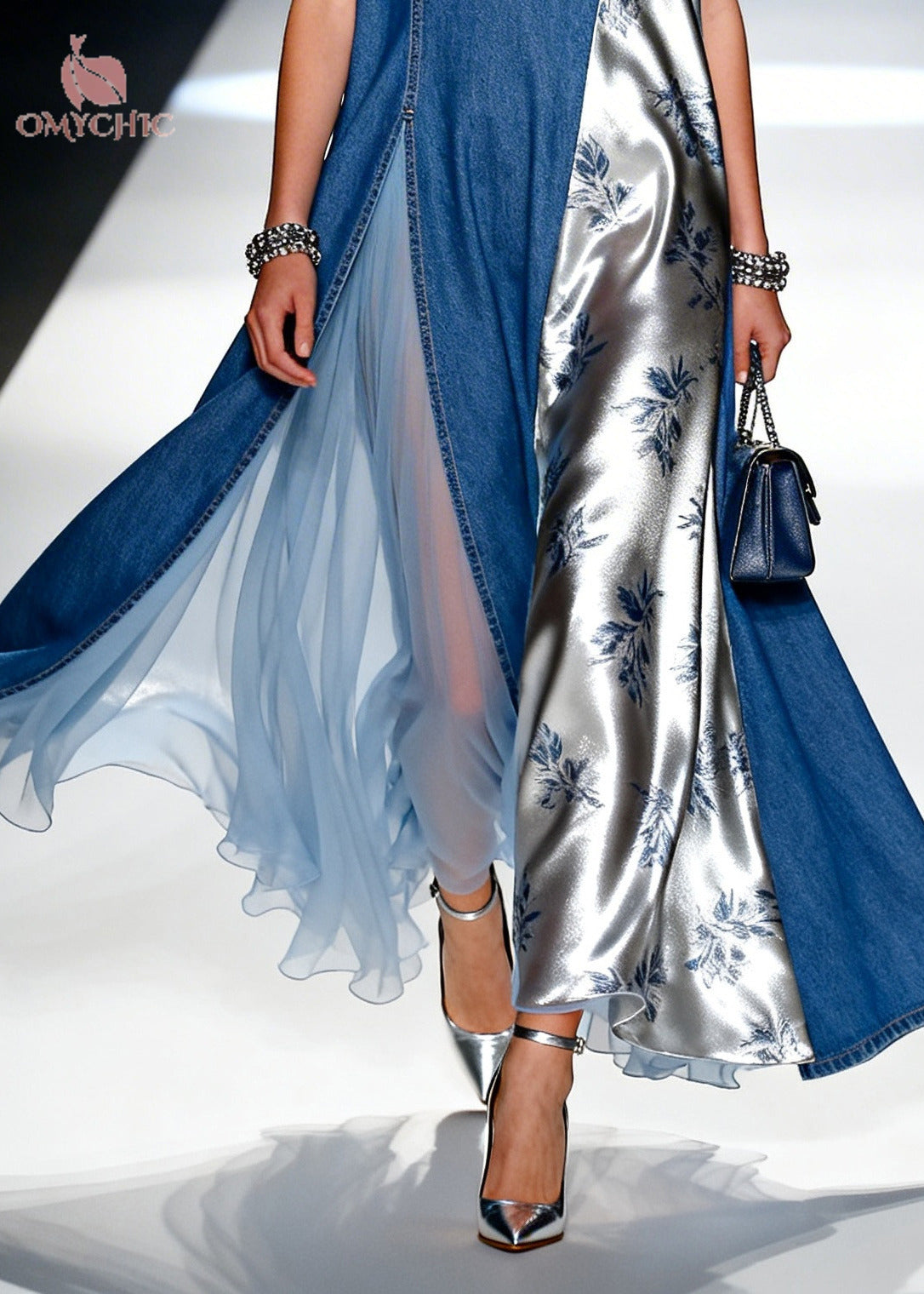 Blue Patchwork Denim Holiday Dress Asymmetrical Design Sleeveless