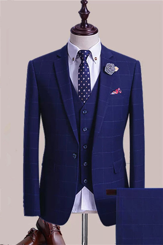 Blue Plaid 3 Piece Men's Business Suit