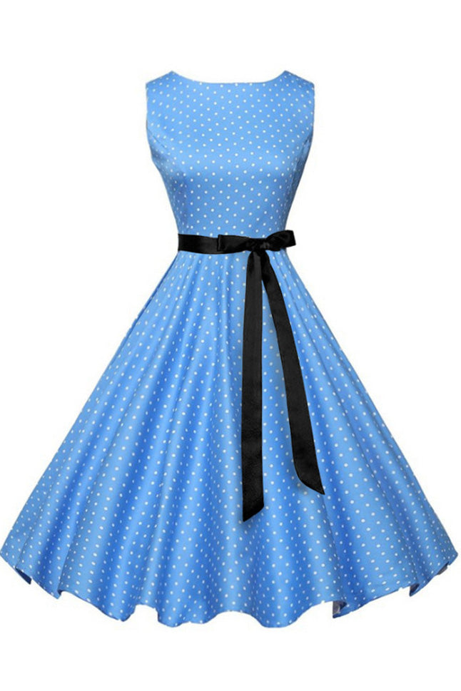 Blue Polka Knot Sleeveless Belted Dress - Fashionpara