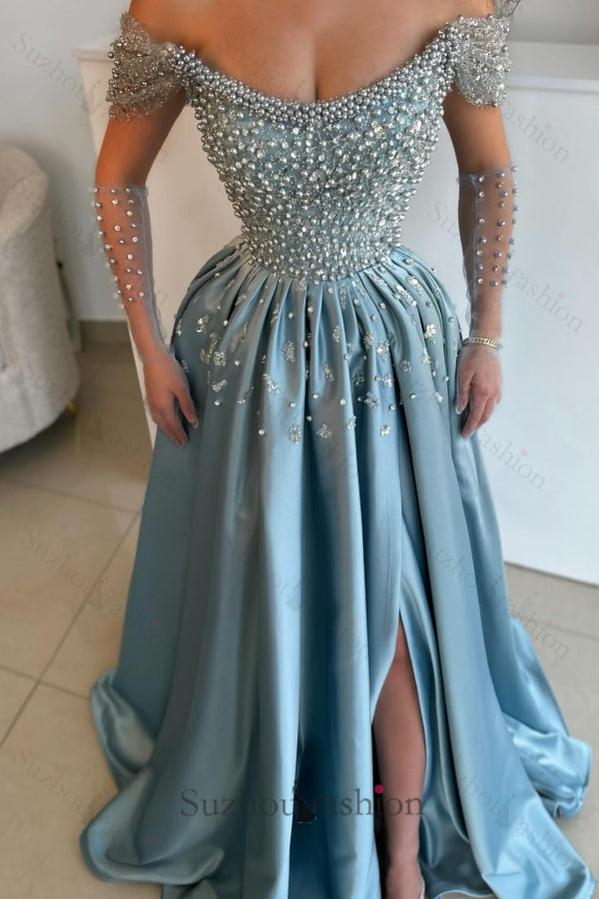 Blue Prom Dress A Line Off The Shoulder Pearls Rhinestones Formal Dress With Slit