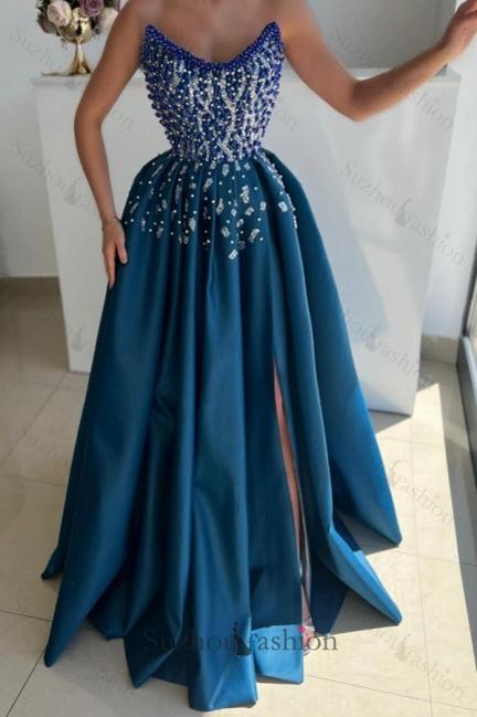 Blue Prom Dress A Line Strapless Beading Formal Dress With Slit