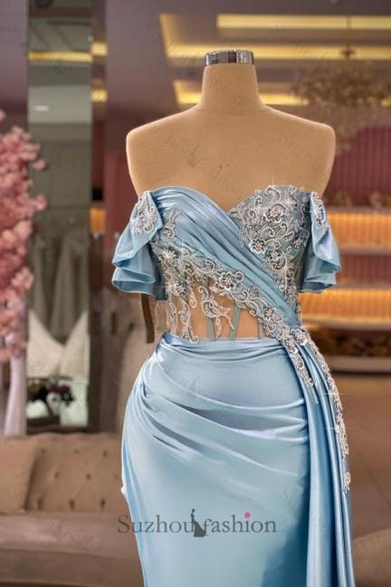 Blue Prom Dress Mermaid Sweetheart Strapless Beaded Satin Panel Train Formal Dress With Slit