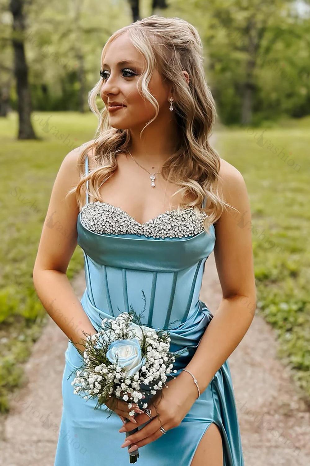 Blue Prom Dress Rhinestones Wrap Ruched Satin Long Mermaid Formal Dress With Slit