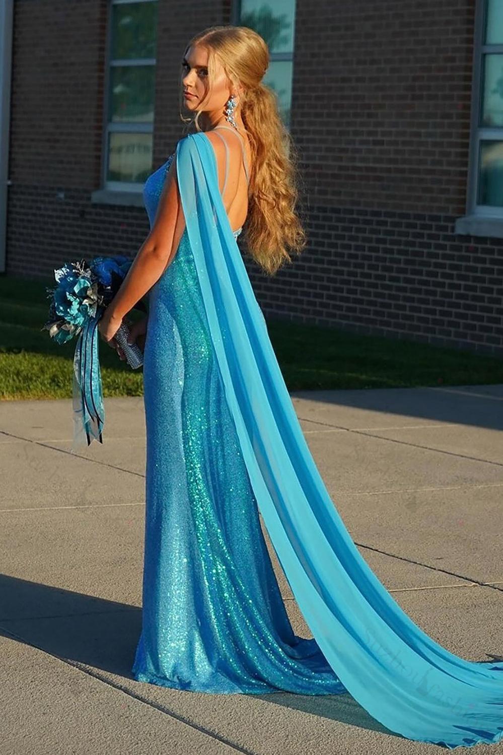 Blue Prom Dress Sequined Mermaid One Shoulder Long Formal Dress With Slit