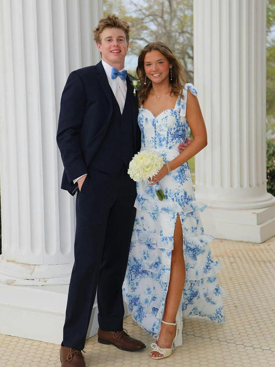 Blue A-Line Strapless Print Tiered Long Prom Dress - FashionDia