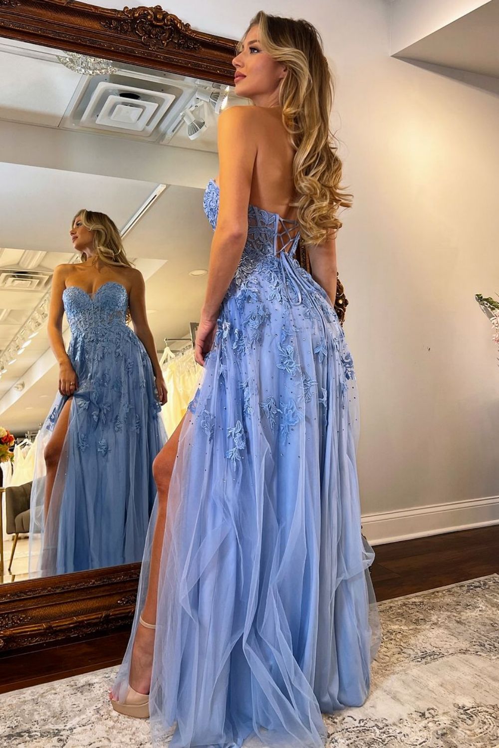 Blue A Line Blue Sweetheart Lace Up Long Tulle Prom Dress with Appliques - FashionDia