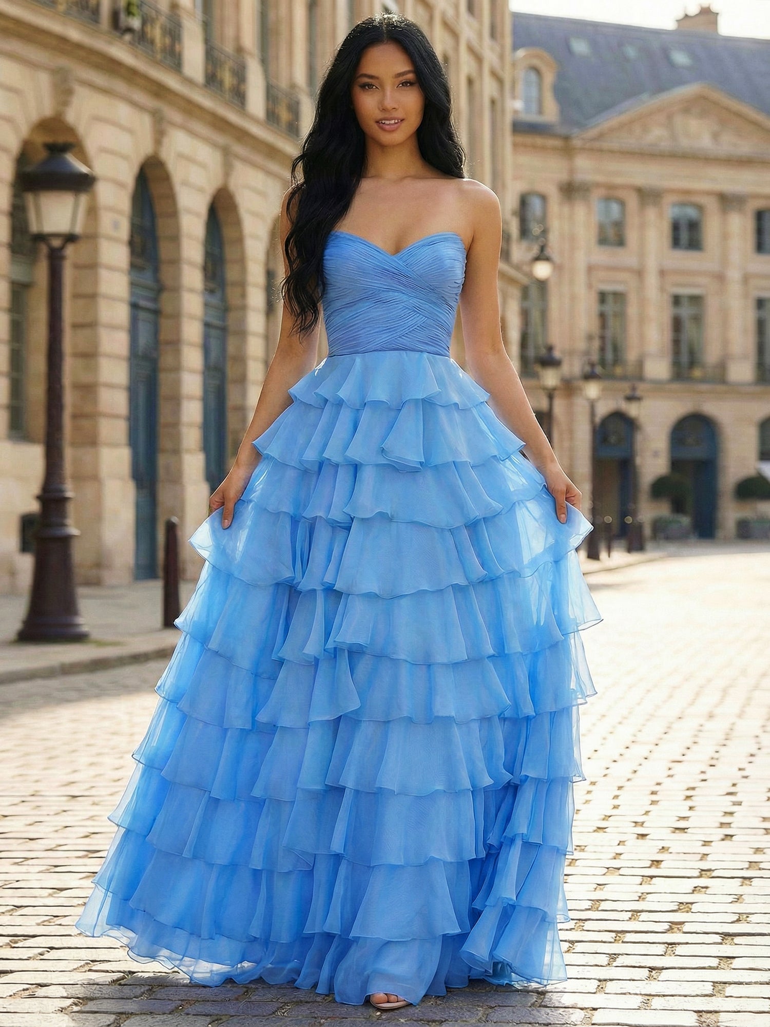 Blue A Line Strapless Tiered Ruffle Long Prom Dress