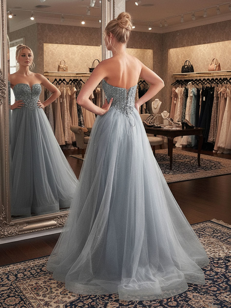 Blue A Line Sweetheart Long Prom Dress With Sequins