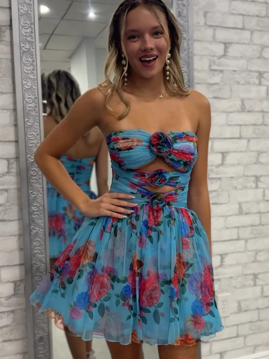 Floral A-Line Ruched Strapless Short Homecoming Dress - FashionDia