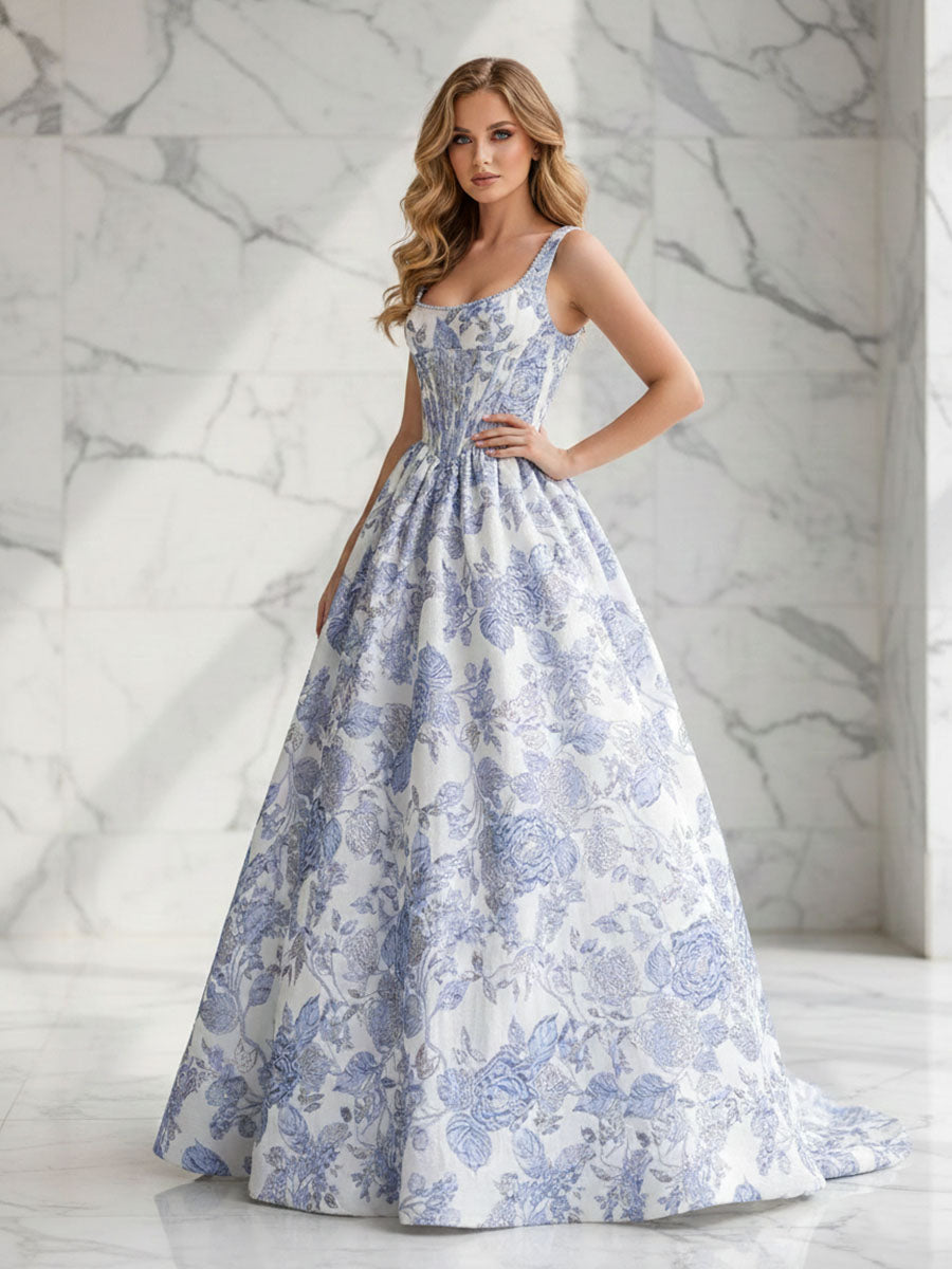 Blue Floral A-Line Square Neck Brocade Corset Long Prom Dress - FashionDia