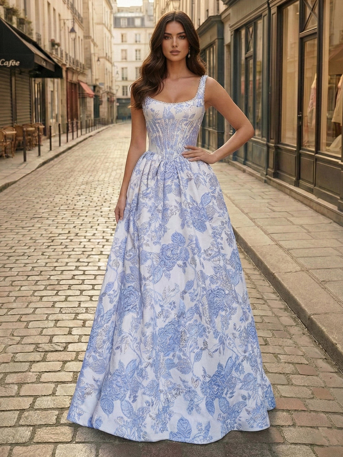 Blue Floral Brocade Pearl Long Corset Prom Dress - FashionDia