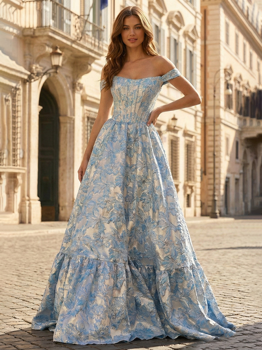 Blue Floral Jacquard Off-the-Shoulder Corset Prom Dress - FashionDia