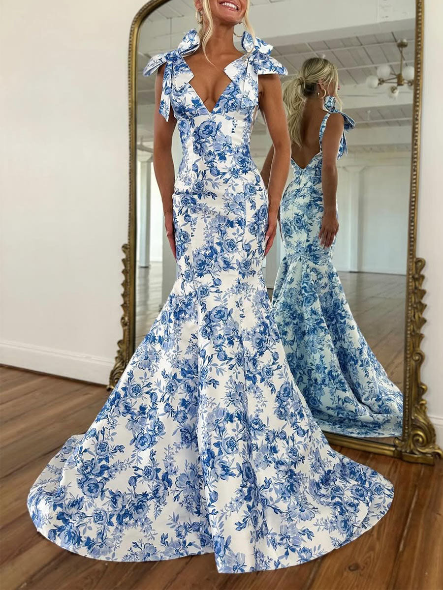 Blue Floral Mermaid V Neck Prom Dress with Tie-Shoulder Bow Straps