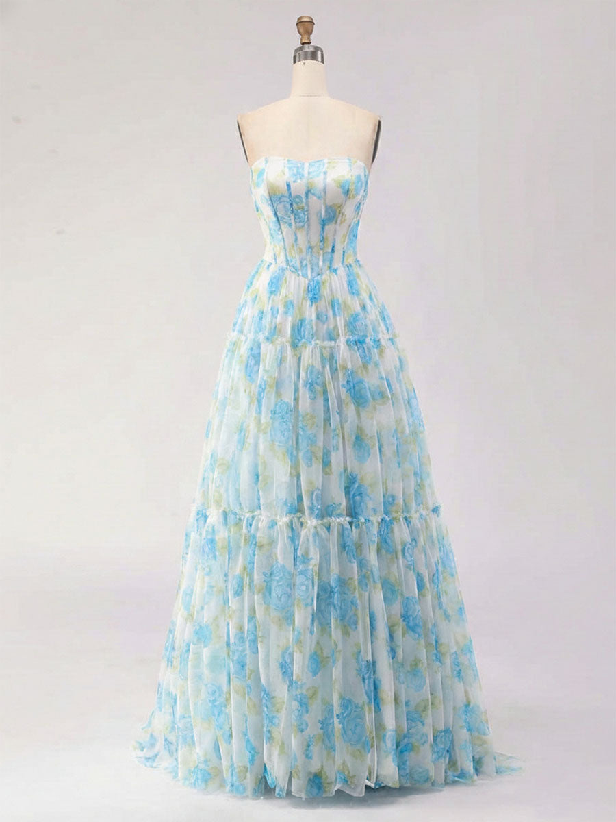 Blue Floral Print Strapless Corset Tiered A-Line Prom Dress