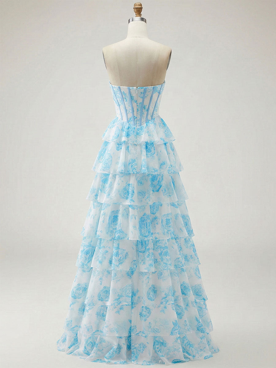 Blue Floral Strapless Tiered Ruffle Corset Prom Dress with Slit