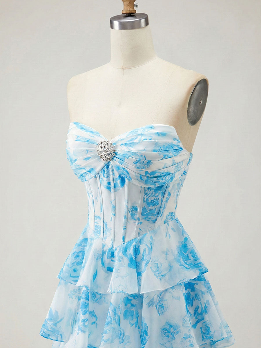 Blue Floral Strapless Tiered Ruffle Corset Prom Dress with Slit