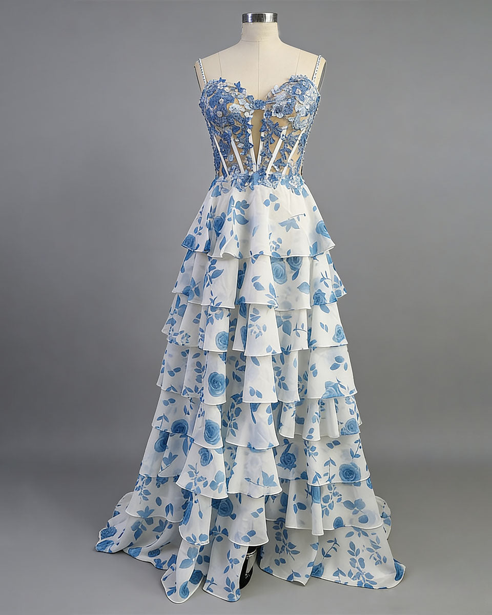 Blue Floral Tiered Ruffle Beaded Corset Long Prom Dress with Slit - FashionDia