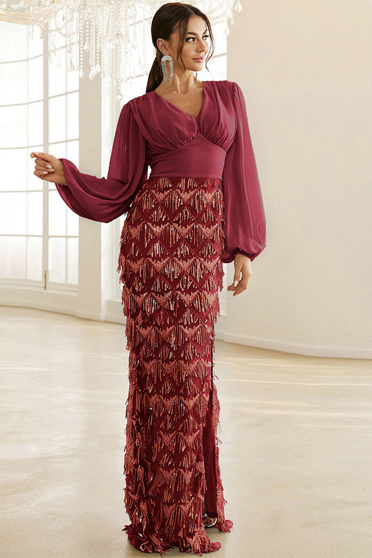 Blue Long Sleeve High Split  Prom Dress With Tassel - Fashionpara