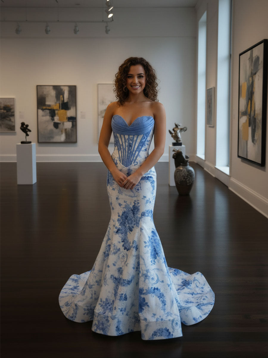 Blue Mermaid Strapless Sweetheart Floral Long Prom Dress - FashionDia