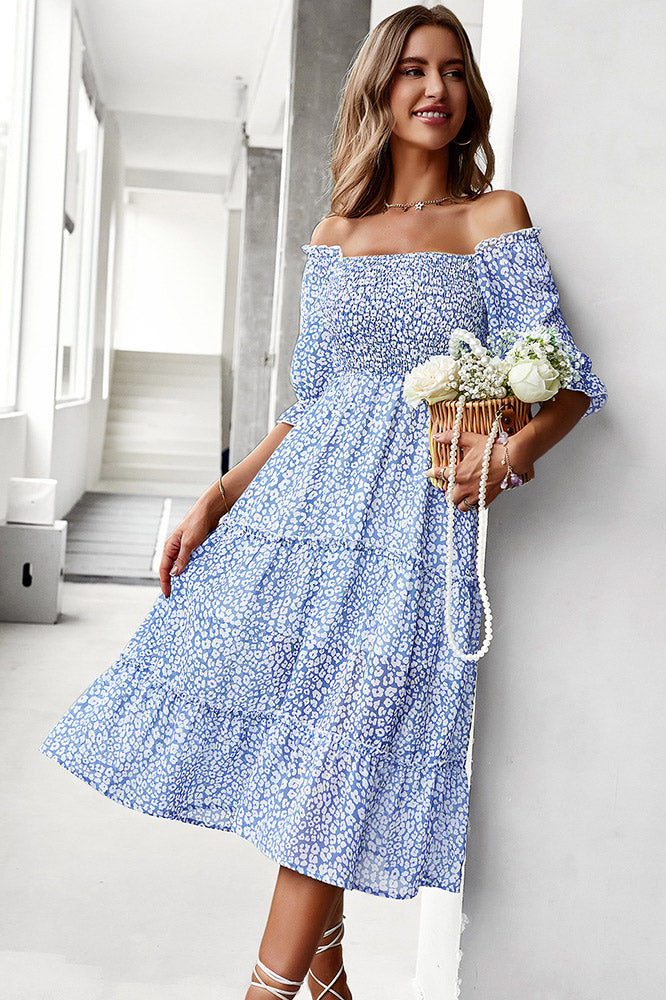 Blue Midi Off Shoulder A-Line Dress - Fashionpara