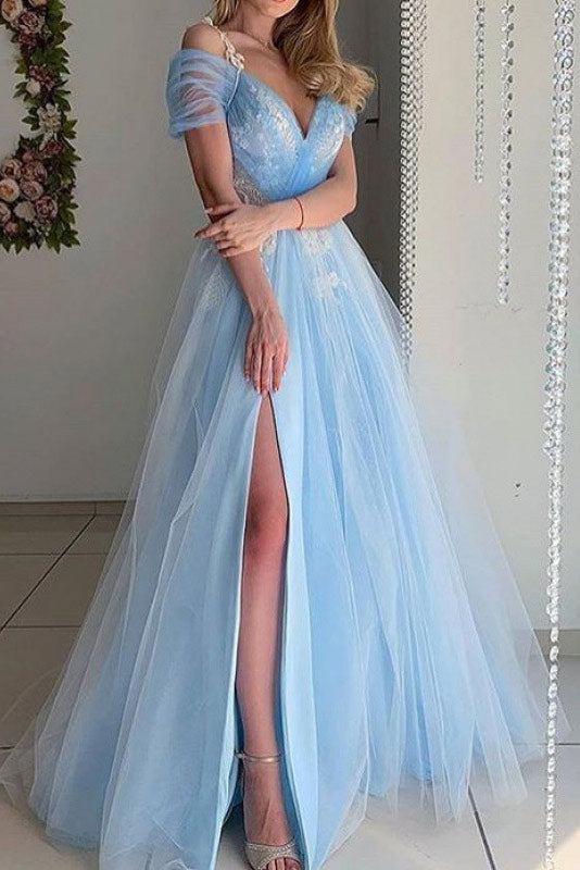 Blue Off-the-Shoulder A-Line Prom Evening Dresses - Fashionpara