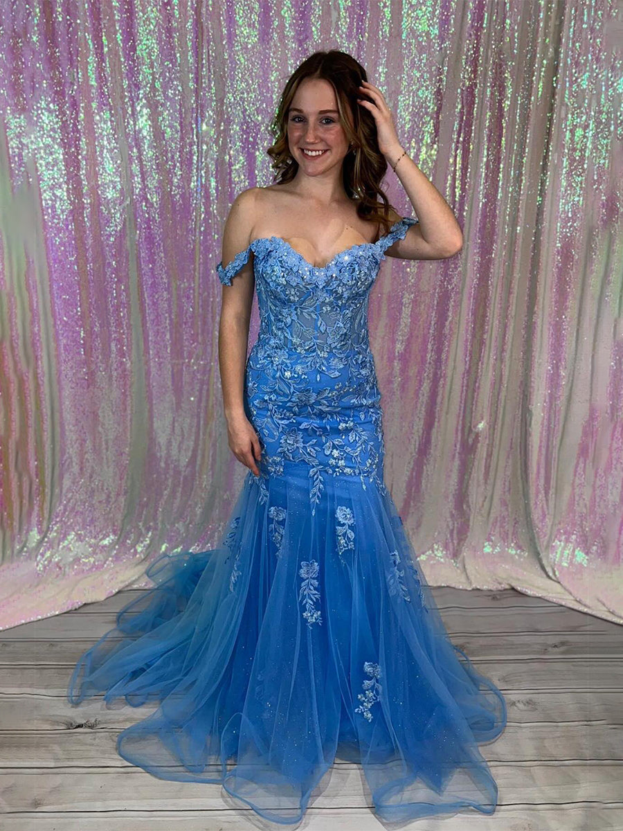 Blue Off-the-Shoulder Floral Lace Mermaid Long Prom Dress - FashionDia