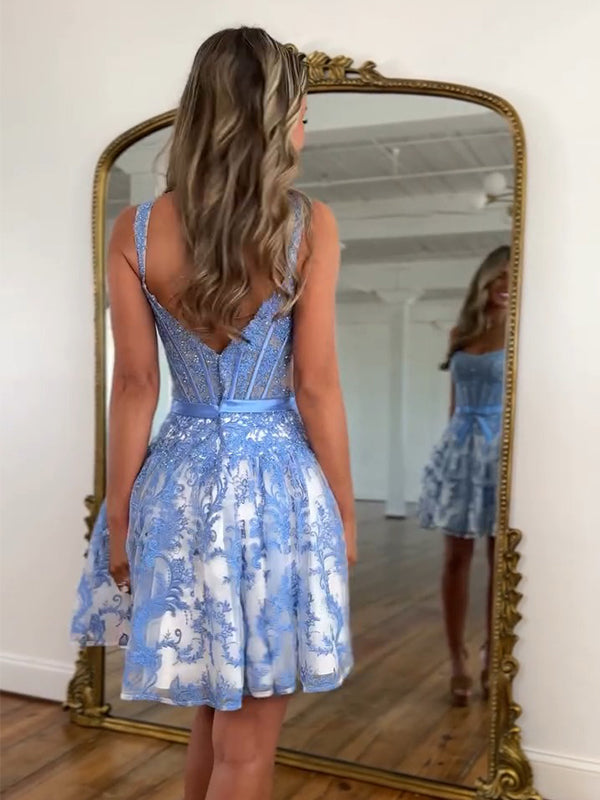 Blue Floral Print A Line Floral Corset Homecoming Dress With Bow