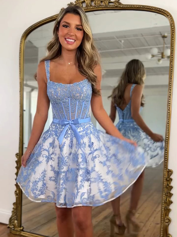 Blue Floral Print A Line Floral Corset Homecoming Dress With Bow