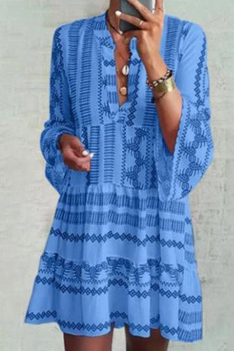 Blue Print Boho Long Sleeve Short Dress - Fashionpara