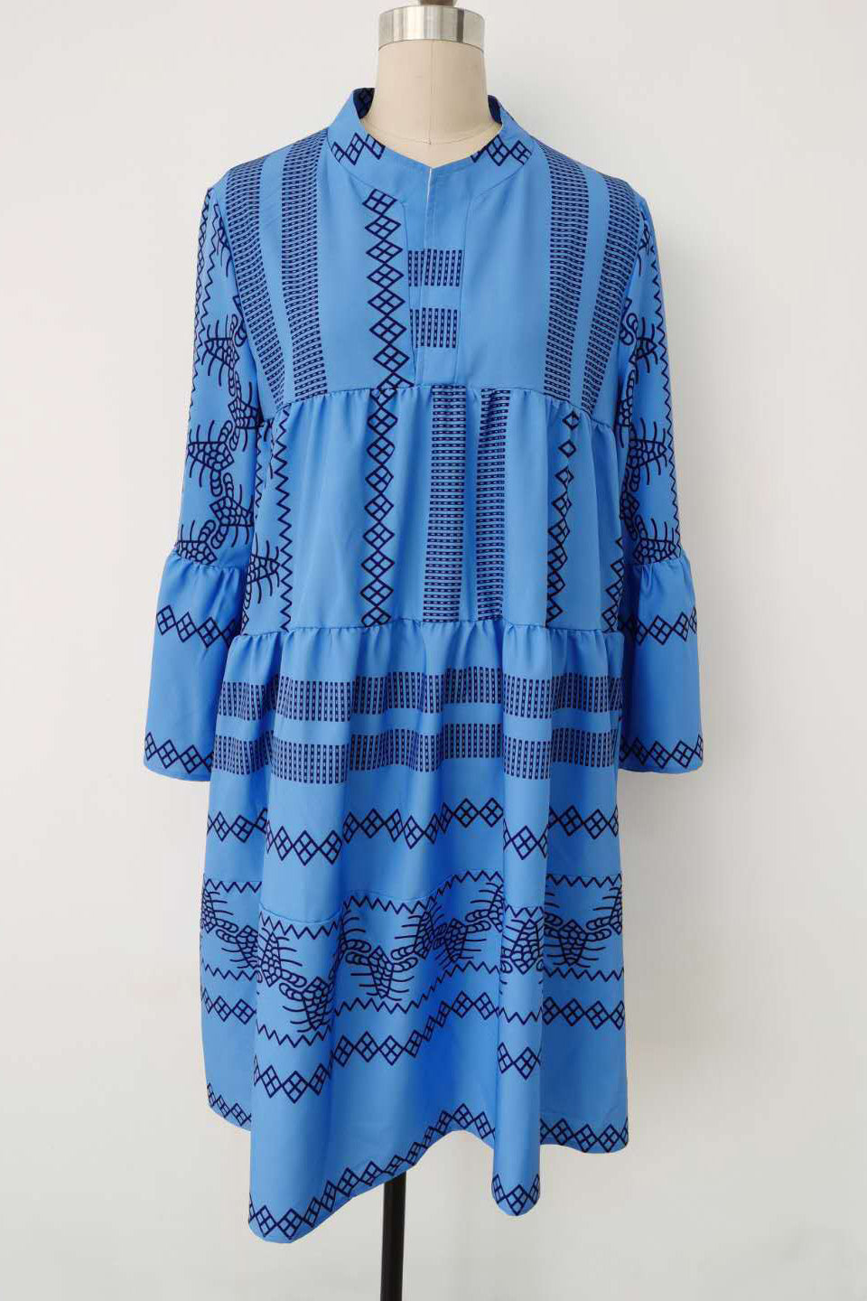Blue Print Boho Long Sleeve Short Dress - Fashionpara