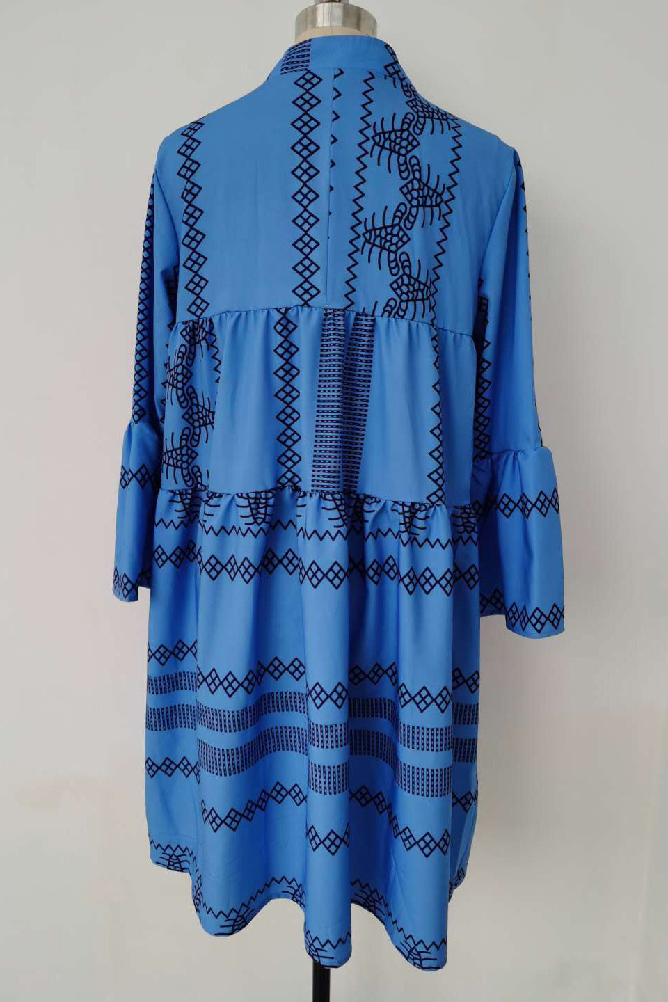 Blue Print Boho Long Sleeve Short Dress - Fashionpara