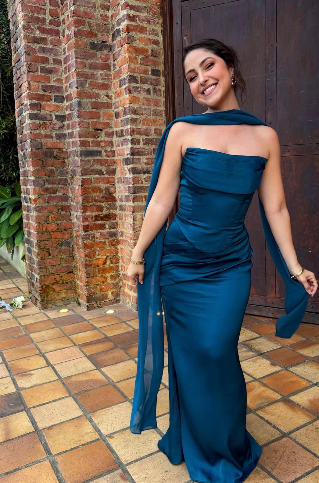 Blue Sheath Satin Mermaid Prom Dress Formal Dress With Scarf