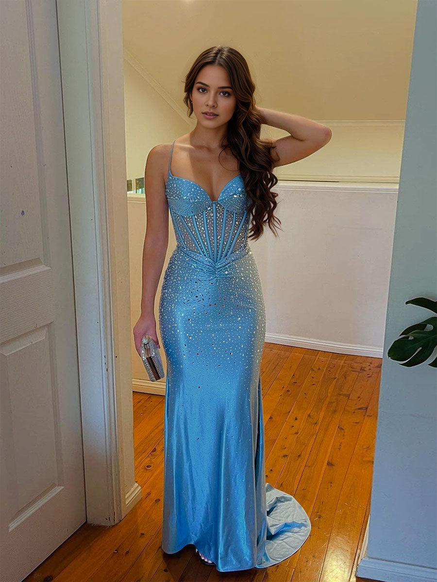 Blue Spaghetti Strap Scattered Rhinestones Corset Prom Dress with Twisted Waist - FashionDia
