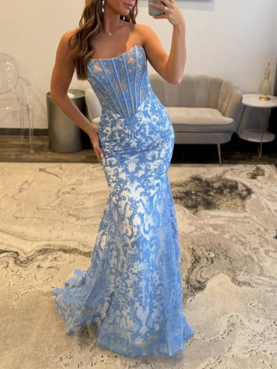 Blue Strapless Pearl Beaded Ruched Long Corset Prom Dress - FashionDia