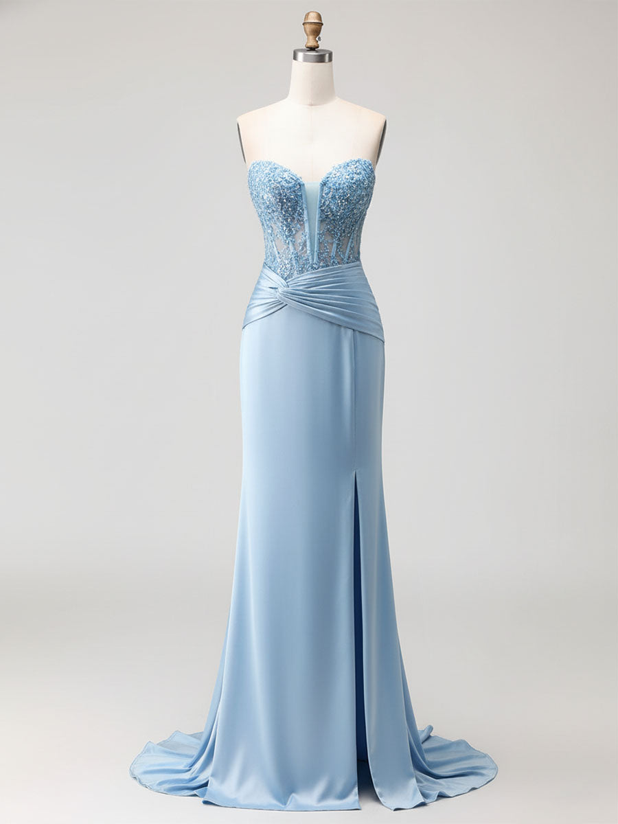 Blue Strapless Plunging V-Neck Beaded Corset Prom Dress with Slit - FashionDia
