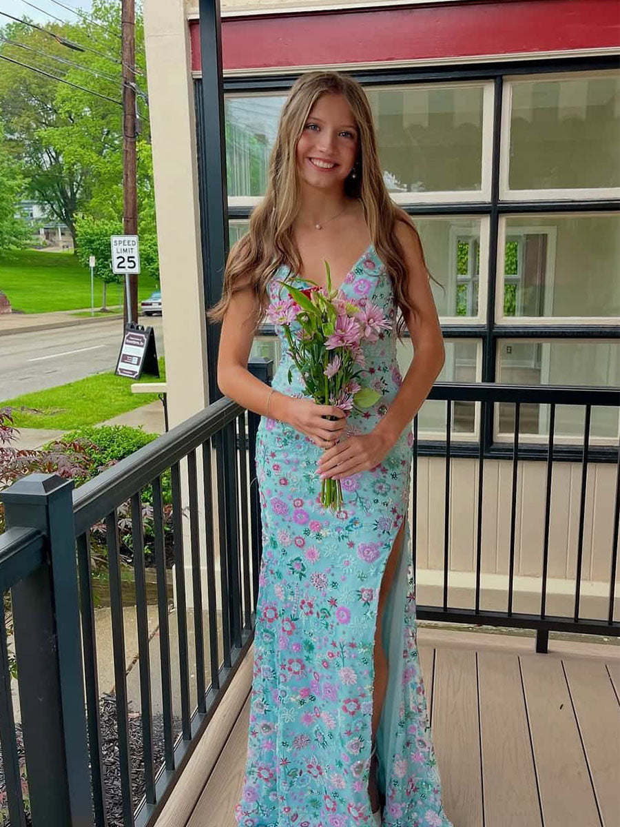 Blue Straps Floral Embroidery Mermaid Long Prom Dress