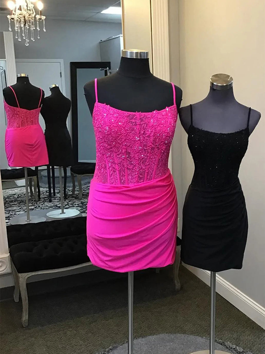 Straps Lace Appliques Tight Homecoming Mini Dress