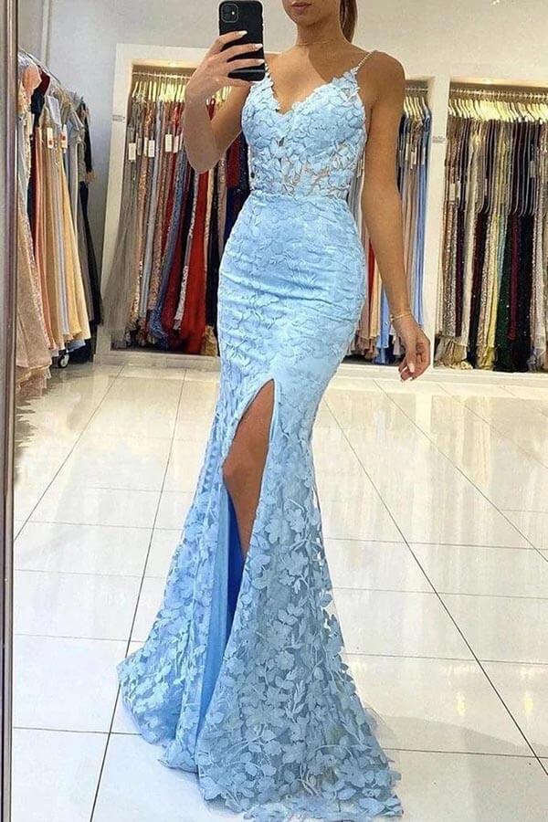 Tulle Mermaid V-neck Backless Long Prom Dress With Lace Appliques - VelvetHem