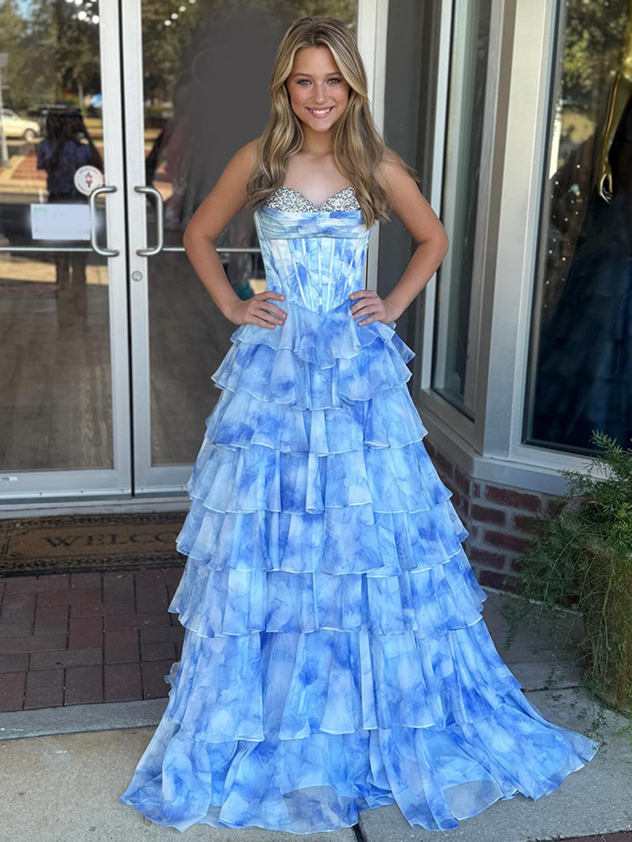 Blue Watercolor Tiered Ruffled Corset Prom Dress with Slit
