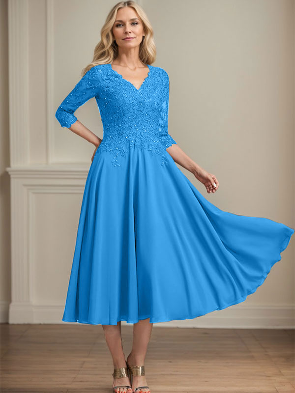A-line V-Neck Tea-Length Chiffon Lace Mother of the Bride Dress With Beading Sequins - View 10 | FashionDia