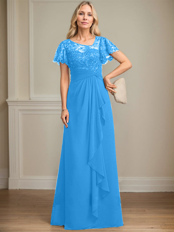 A-line Asymmetrical Illusion Floor-Length Lace Chiffon Mother of the Bride Dress With Cascading Ruffles Sequins - View 10 | FashionDia
